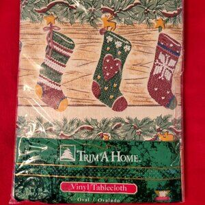 Trim a Home Holiday Vinyl Tablecloth Oval 52" x 70" Christmas Stockings New